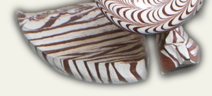 Two broken fragments of Tang Dynasty marbled porcelain — a curved shard and a vessel rim, both showing the cane-stripe marbling pattern