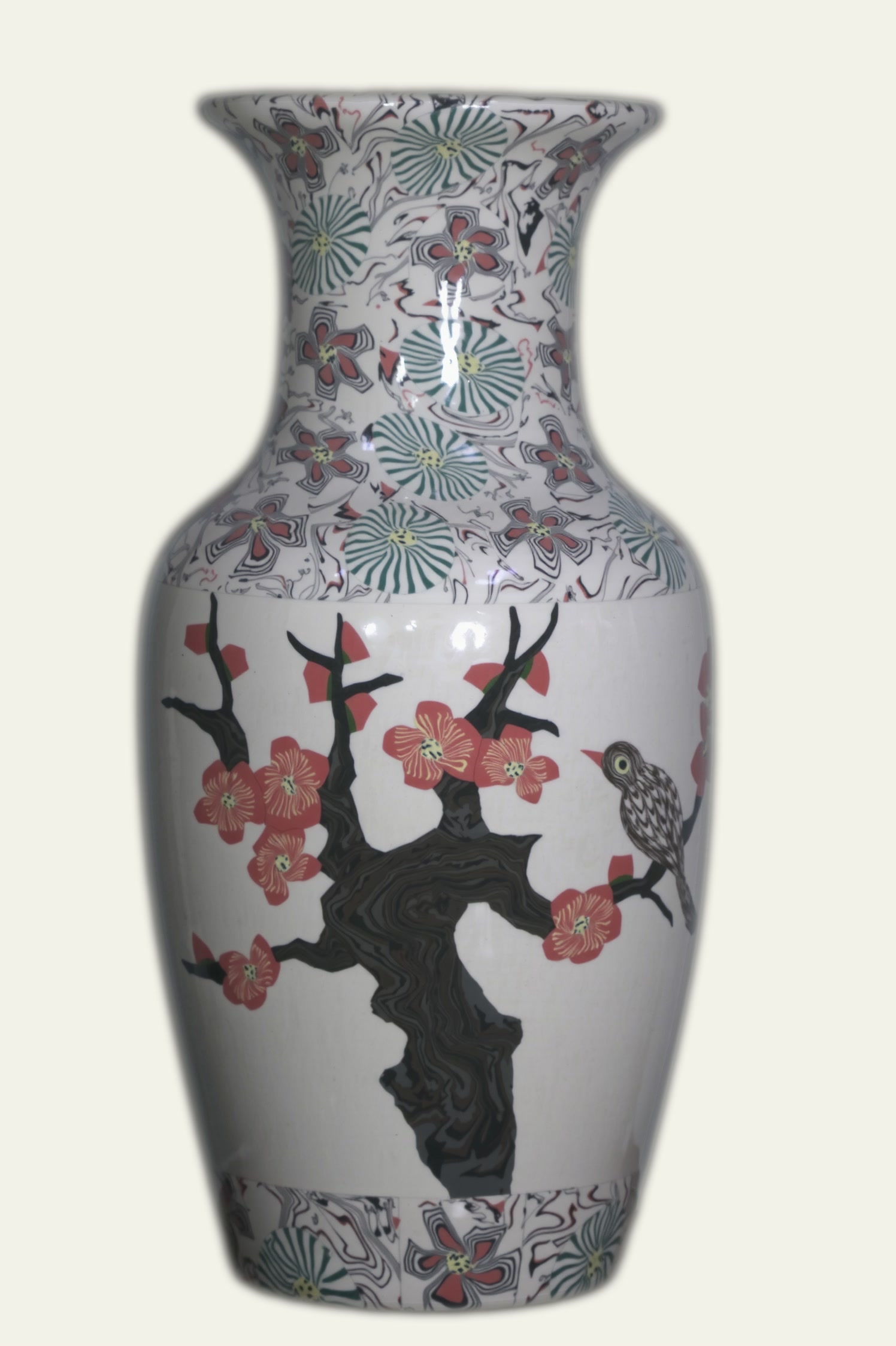 Tree-pattern jiaotai porcelain vase on a wooden surface